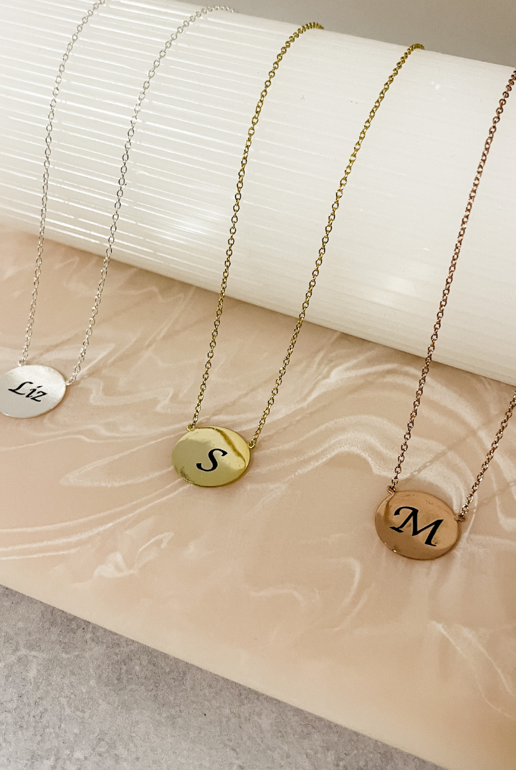 Brushed Circle Personalised Initial Necklace silver gold rose gold gift