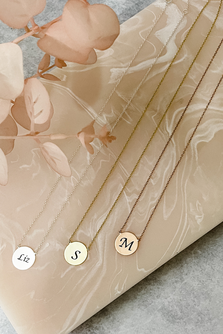 Brushed Circle Personalised Initial Necklace silver gold rose gold gift