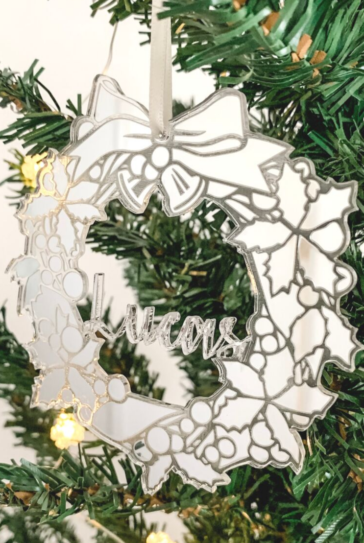 Personalised Christmas Wreath Ornament Silver