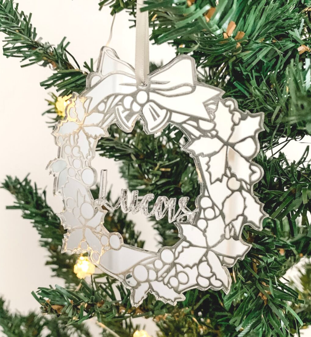 Personalised Christmas Wreath Ornament Silver