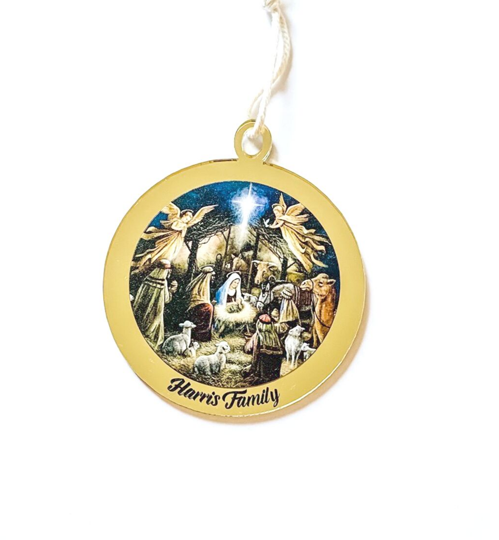 PERSONALISED NATIVITY SCENE CHRISTMAS ORNAMENT Gold