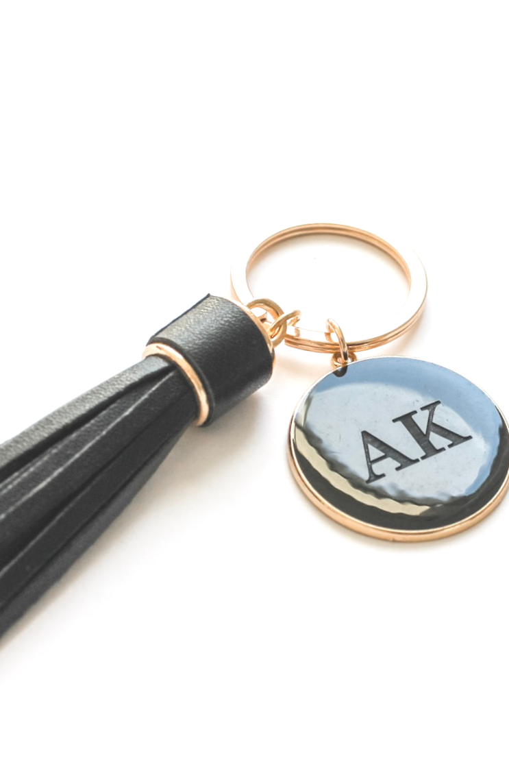 V Leather Tassel Personalised Black Keyrings