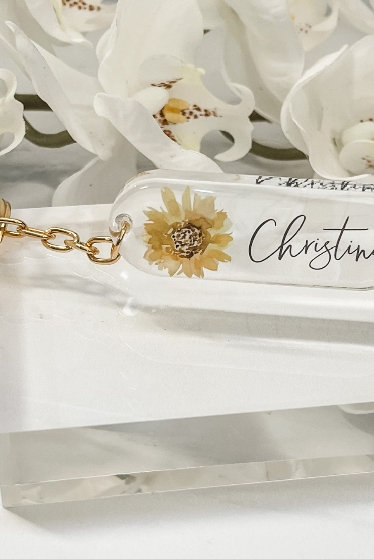Sunflower initial name keyring keychain personalised gift rose gold gold name