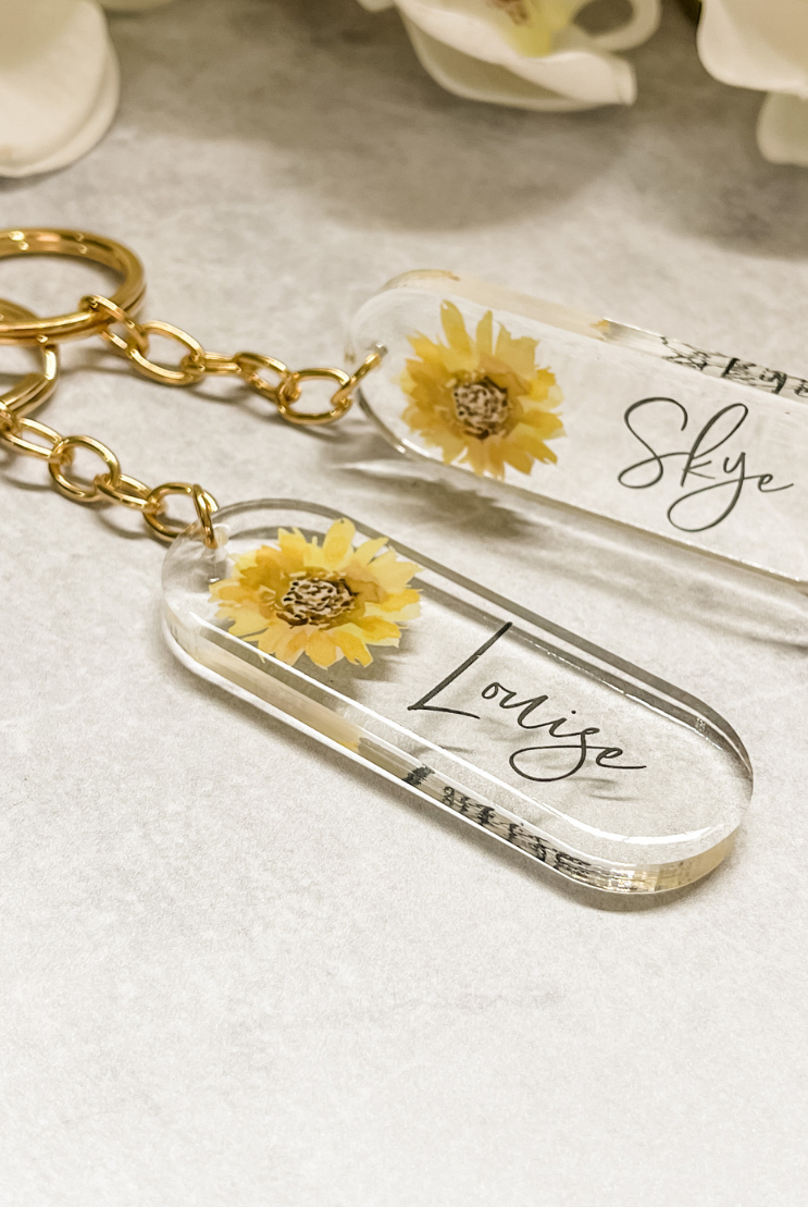 Sunflower initial name keyring keychain personalised gift rose gold gold name