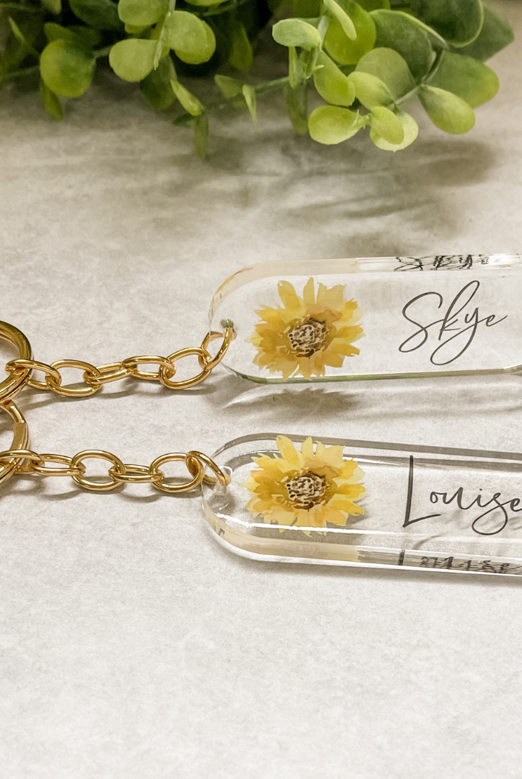 Sunflower initial name keyring keychain personalised gift rose gold gold name