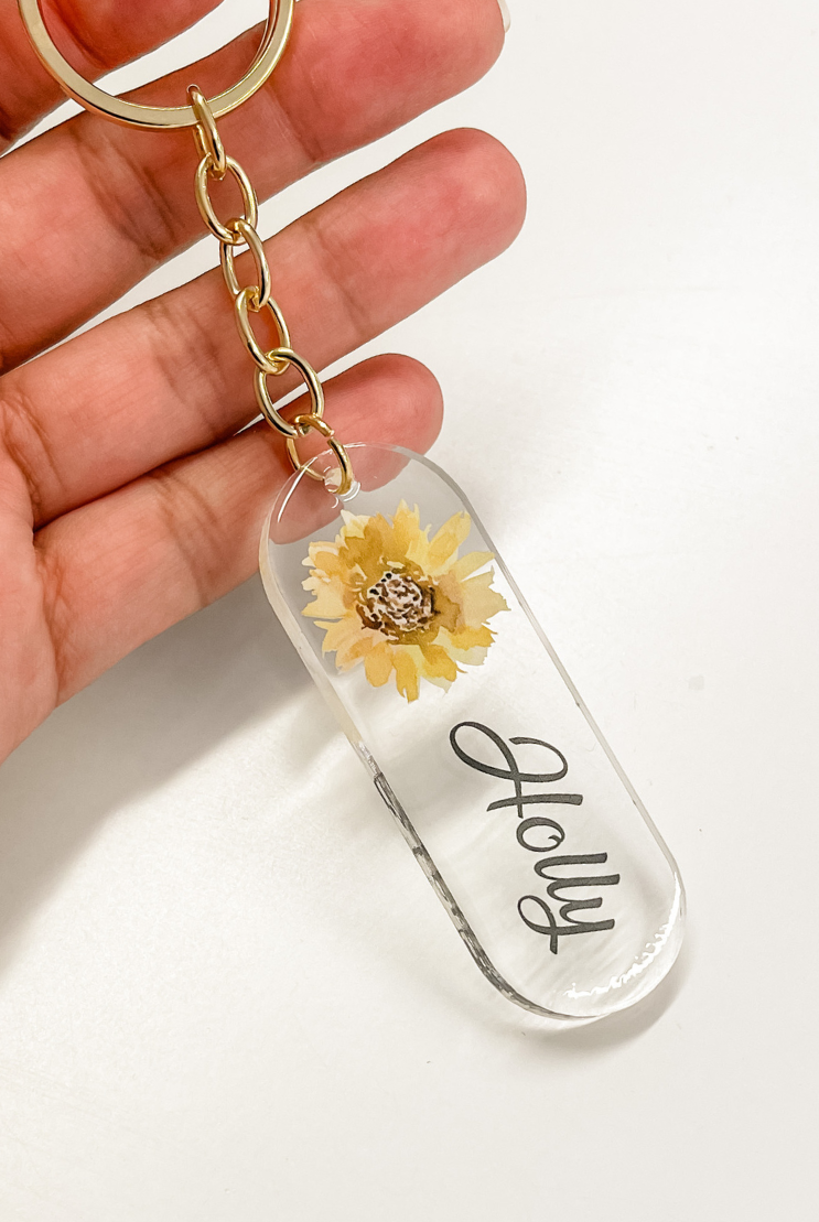 Sunflower initial name keyring keychain personalised gift rose gold gold name