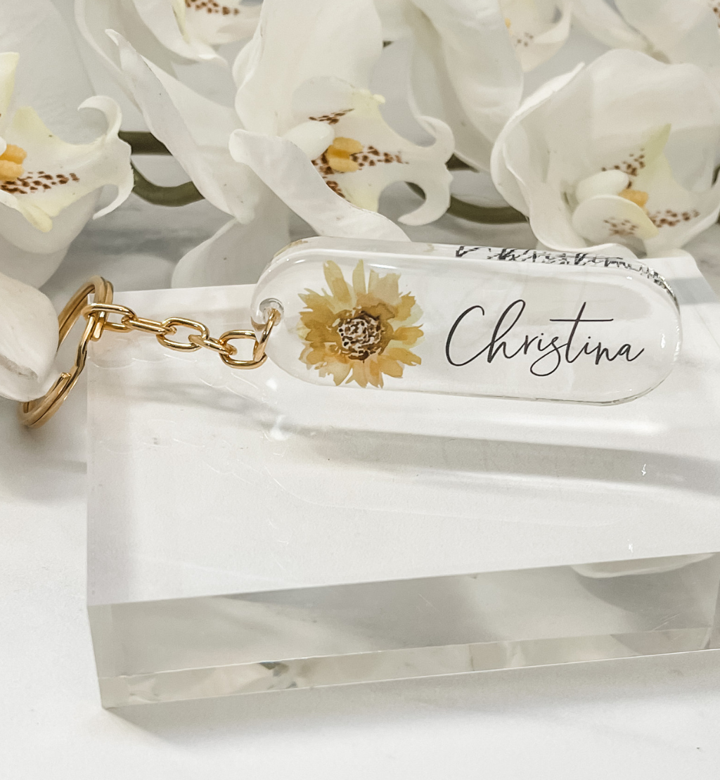 Sunflower initial name keyring keychain personalised gift rose gold gold name