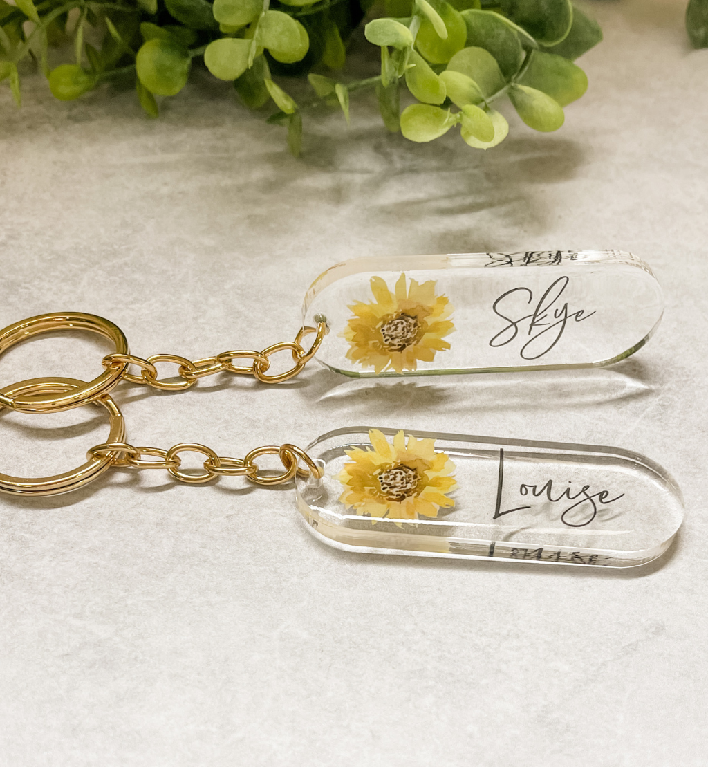 Sunflower initial name keyring keychain personalised gift rose gold gold name