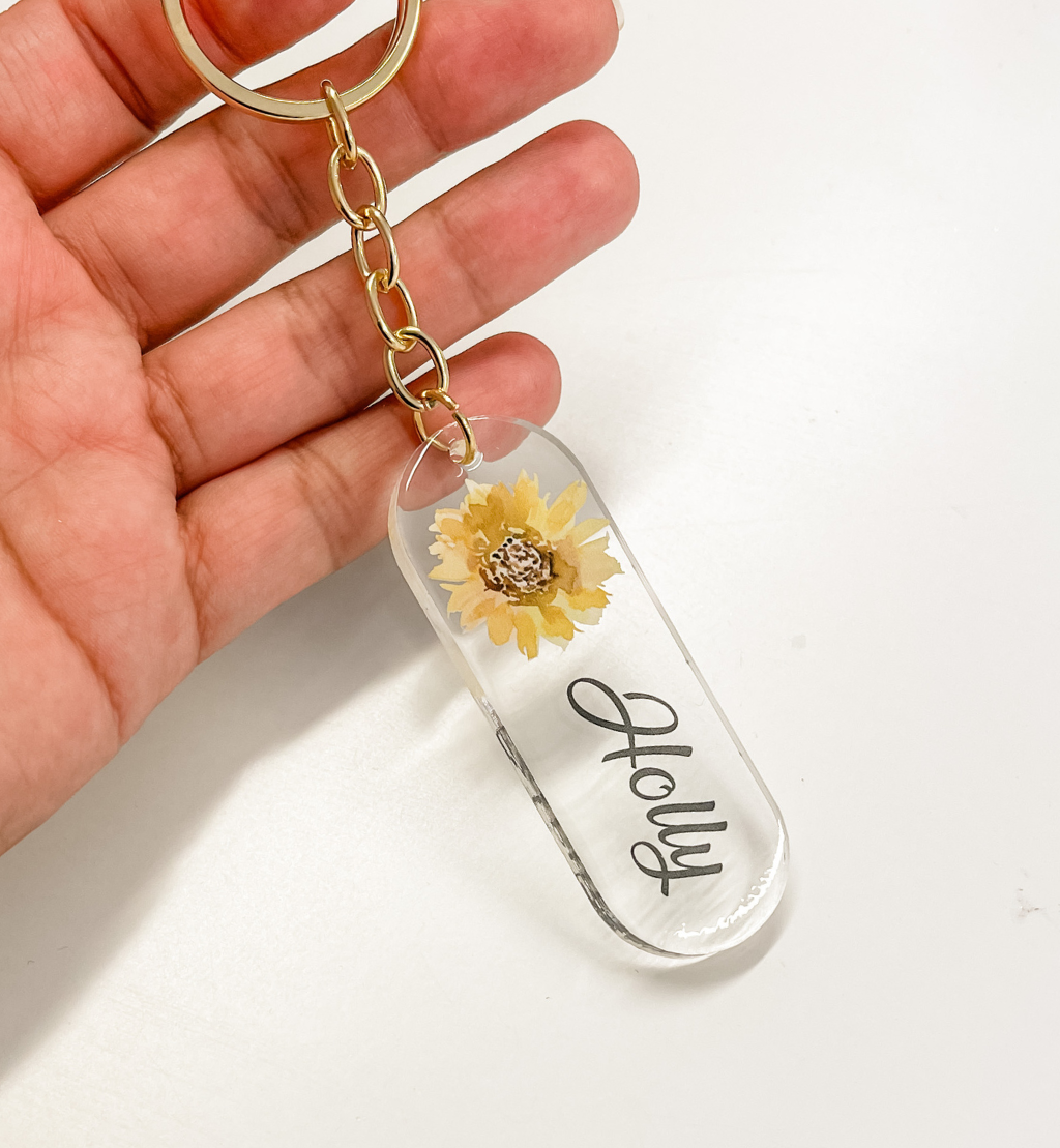 Sunflower initial name keyring keychain personalised gift rose gold gold name